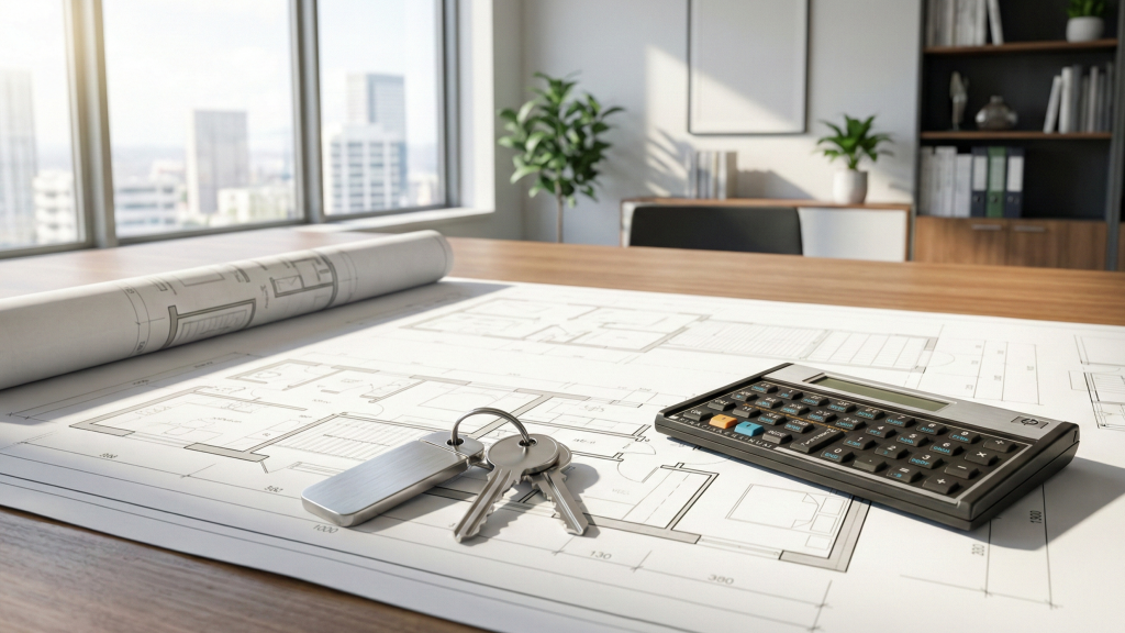 Arquitecto realiza planos de superficie construida a las propiedades de un gran tenedor.